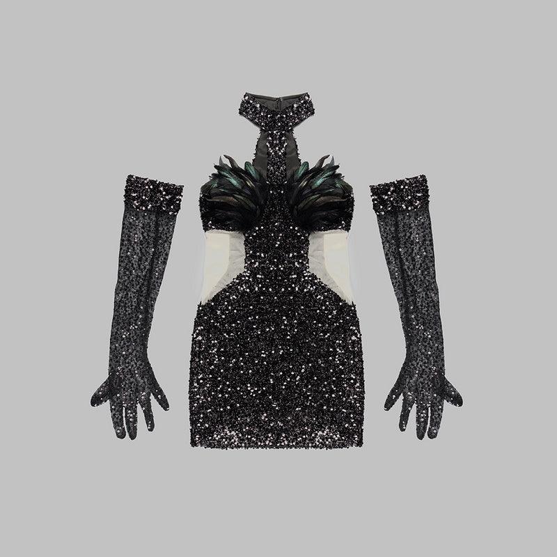 Tank Turtleneck Mesh Sequins Black Feather Mini Bodycon Dress REBECATHELABEL