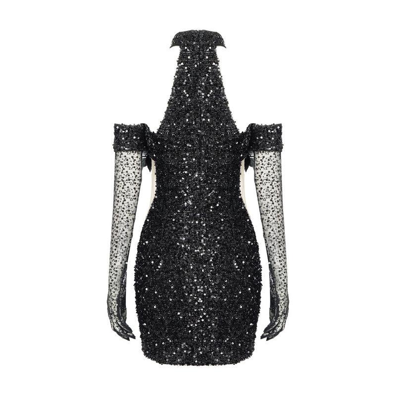 Tank Turtleneck Mesh Sequins Black Feather Mini Bodycon Dress REBECATHELABEL