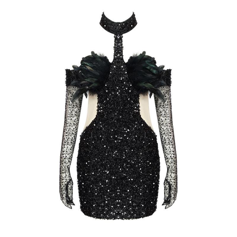 Tank Turtleneck Mesh Sequins Black Feather Mini Bodycon Dress REBECATHELABEL