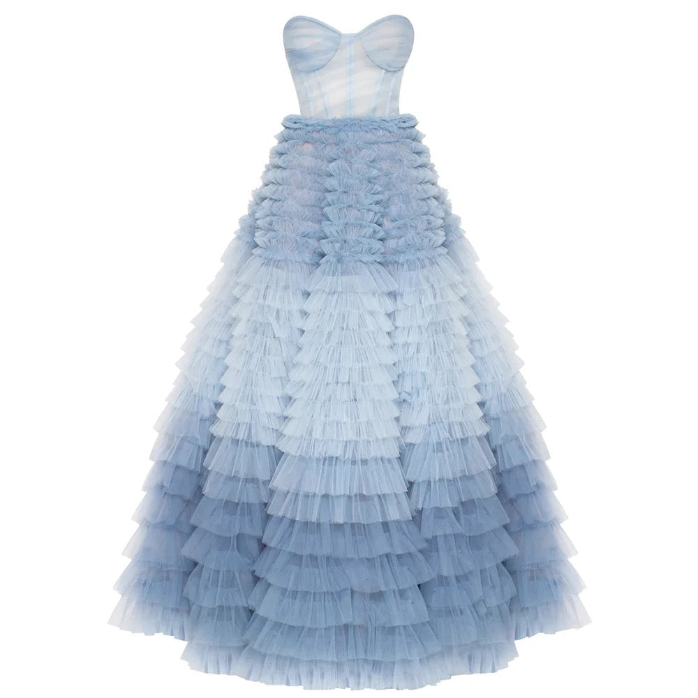 Tiered Ruffles Tulle  Pleat Ruched A-Line Backless dress REBECATHELABEL