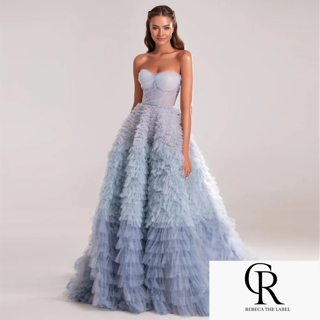 Tiered Ruffles Tulle  Pleat Ruched A-Line Backless dress REBECATHELABEL