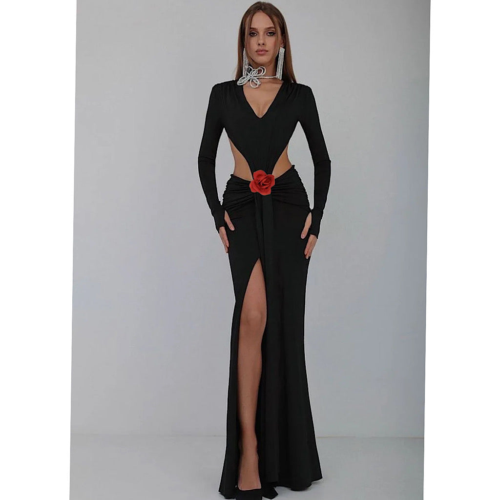 Tight Backless V-neck Long Sleeve Hollow Pleated Maxi Dress REBECATHELABEL