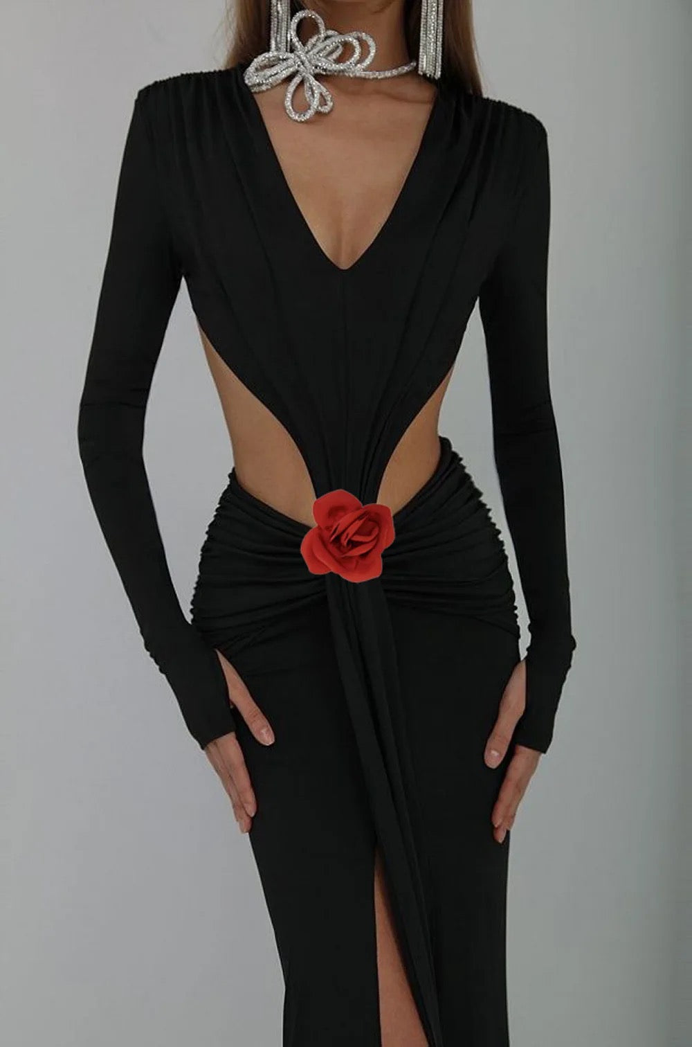 Tight Backless V-neck Long Sleeve Hollow Pleated Maxi Dress REBECATHELABEL