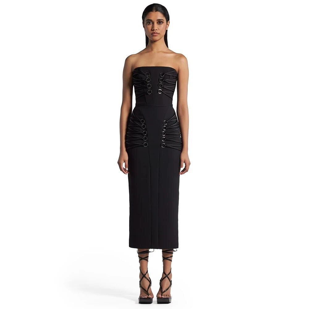 Tight Cross Strap Midi without gloves Bandage Dress REBECATHELABEL