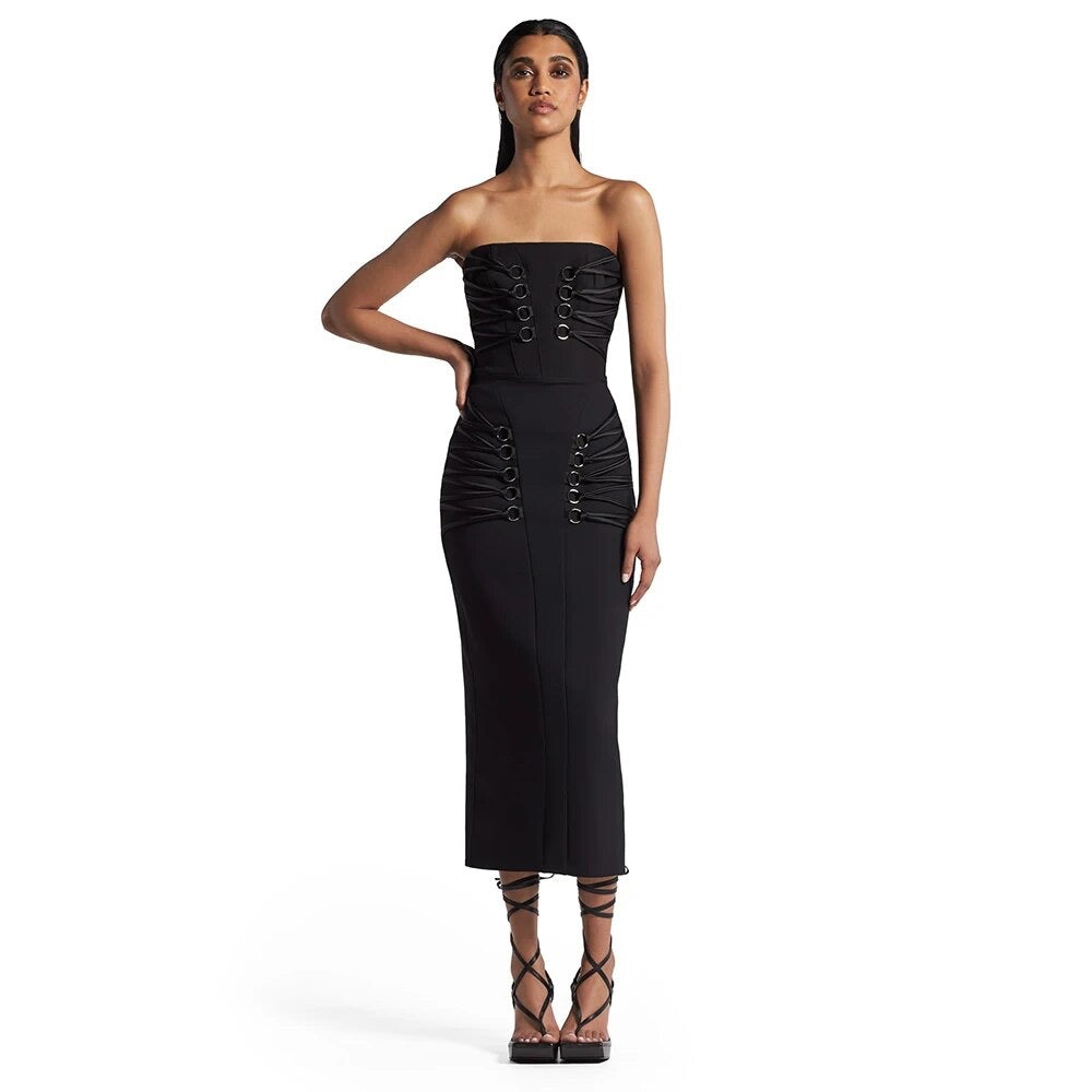 Tight Cross Strap Midi without gloves Bandage Dress REBECATHELABEL