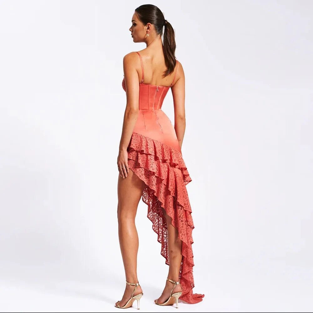 Tight Sleeveless Backless Lace Ruffle Asymmetric Dress REBECATHELABEL