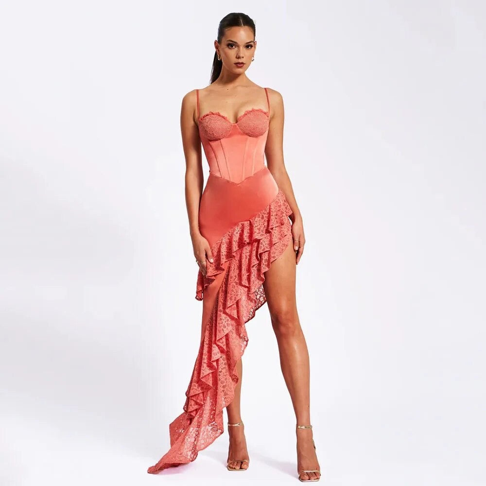 Tight Sleeveless Backless Lace Ruffle Asymmetric Dress REBECATHELABEL