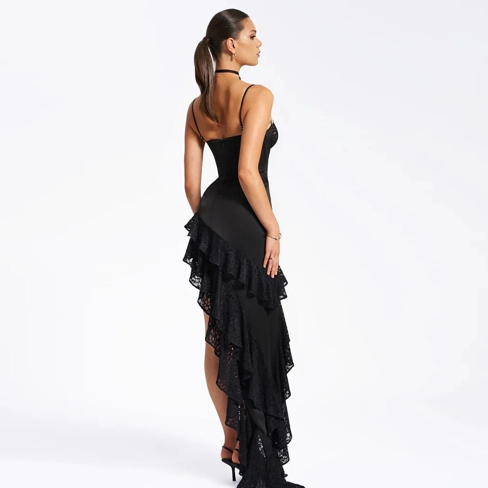 Tight Sleeveless Backless Lace Ruffle Asymmetric Dress REBECATHELABEL