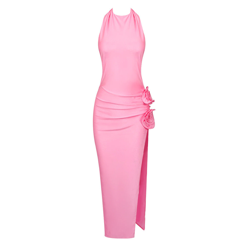 Tight Sleeveless Pink 3D Flower Backless Pleated Midi Split Dress REBECATHELABEL