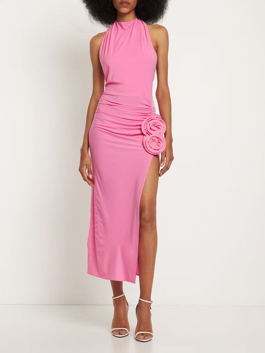 Tight Sleeveless Pink 3D Flower Backless Pleated Midi Split Dress REBECATHELABEL