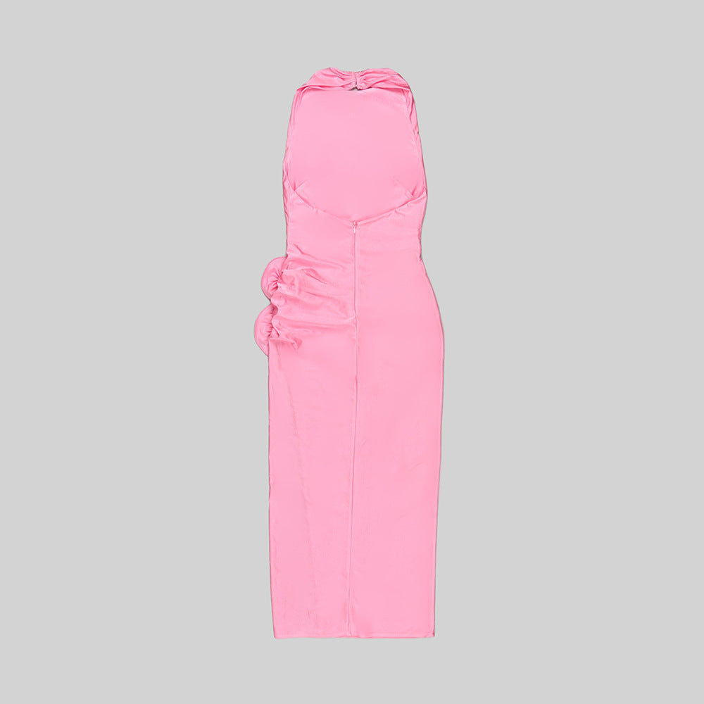 Tight Sleeveless Pink 3D Flower Backless Pleated Midi Split Dress REBECATHELABEL