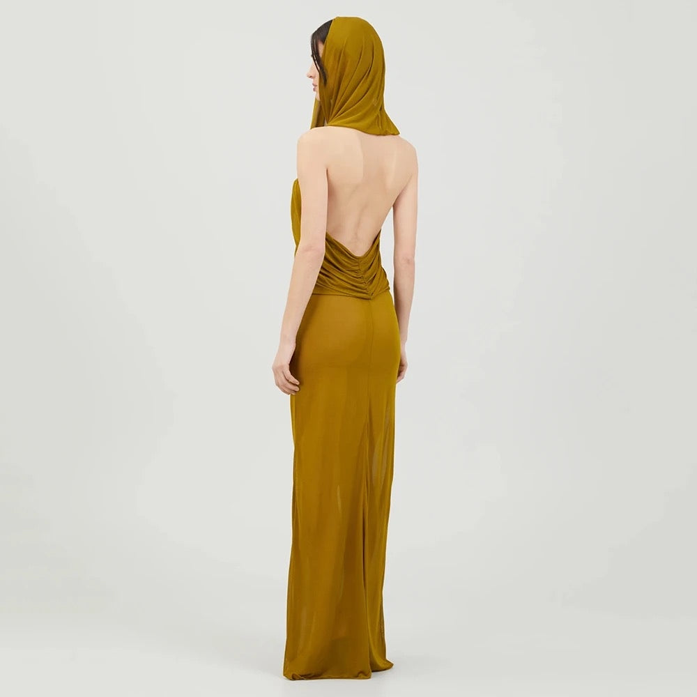 Transparent Mesh Hat Design Open Back Sleeveless Long Dress REBECATHELABEL