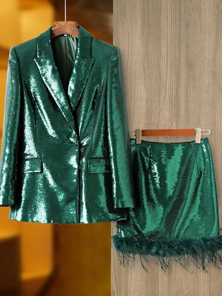 Trim Sequins Blazer+Miniskirt set REBECATHELABEL