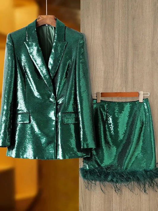 Trim Sequins Blazer+Miniskirt set REBECATHELABEL