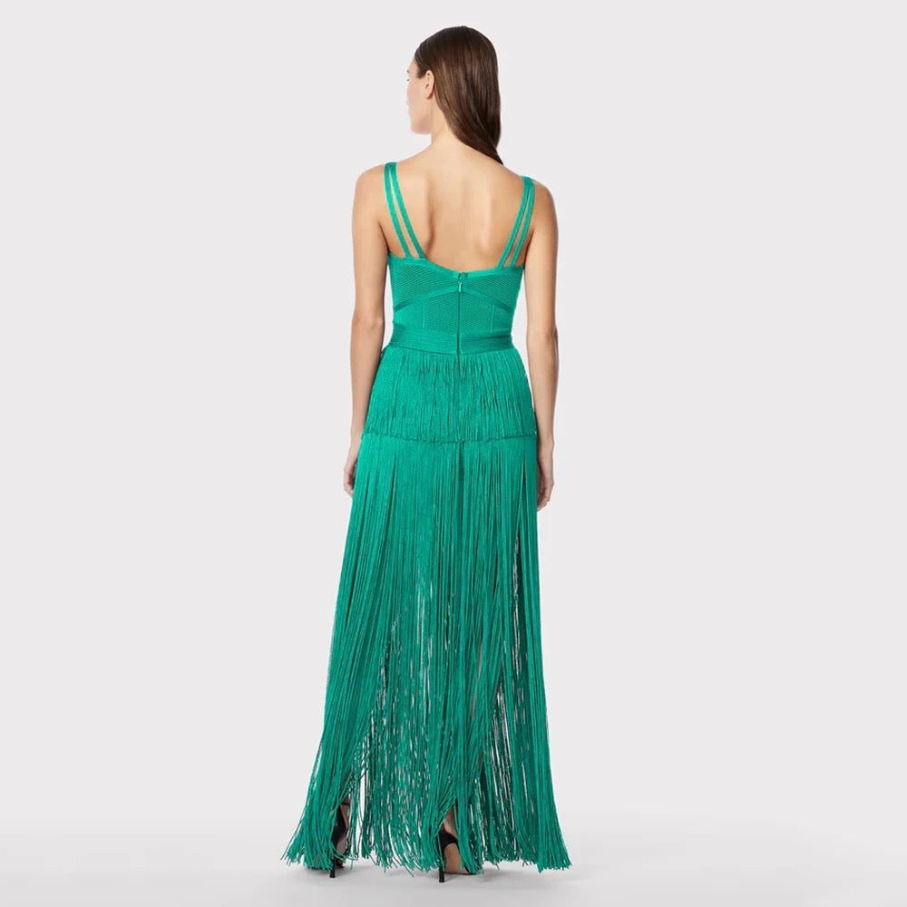 V-Neck Green Sleeveless Tight Long Tassel Bandage Dress REBECATHELABEL