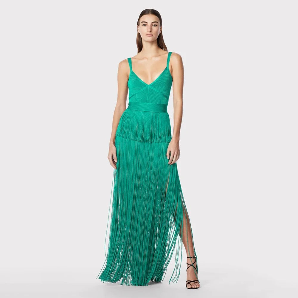 V-Neck Green Sleeveless Tight Long Tassel Bandage Dress REBECATHELABEL