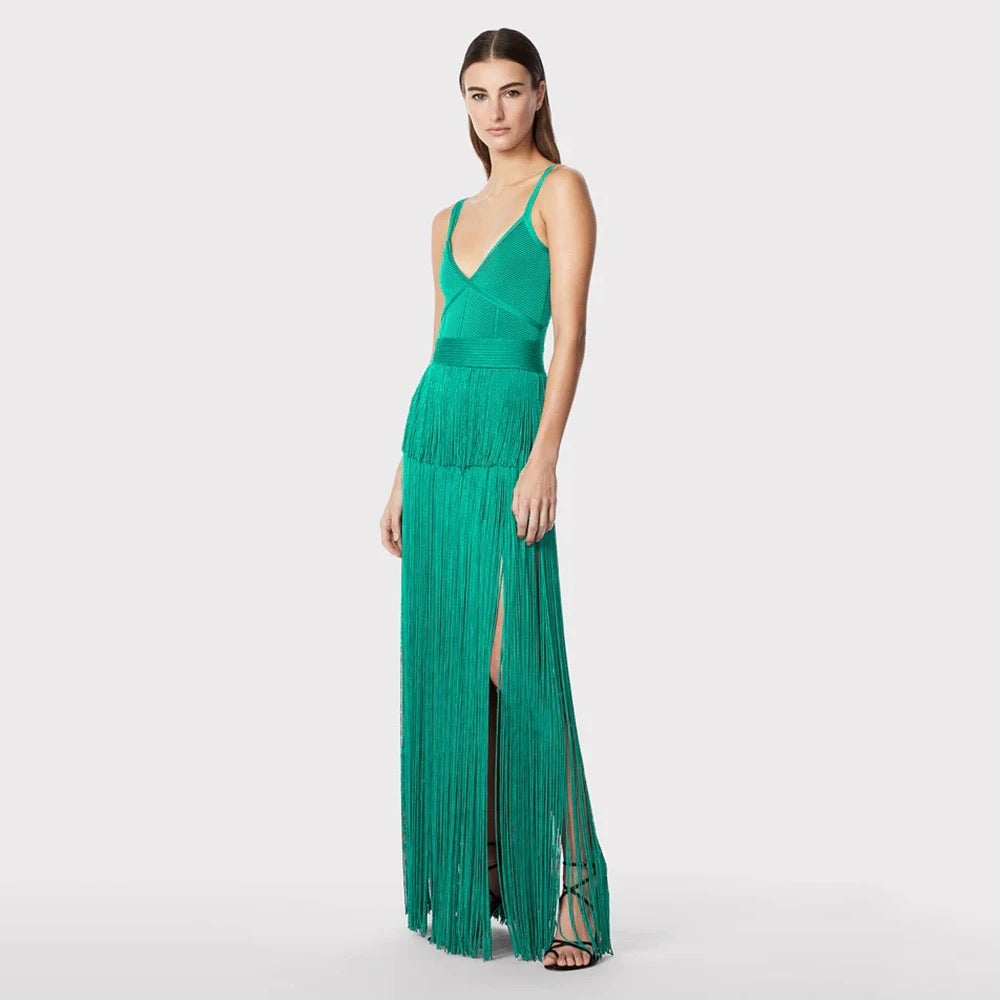 V-Neck Green Sleeveless Tight Long Tassel Bandage Dress REBECATHELABEL