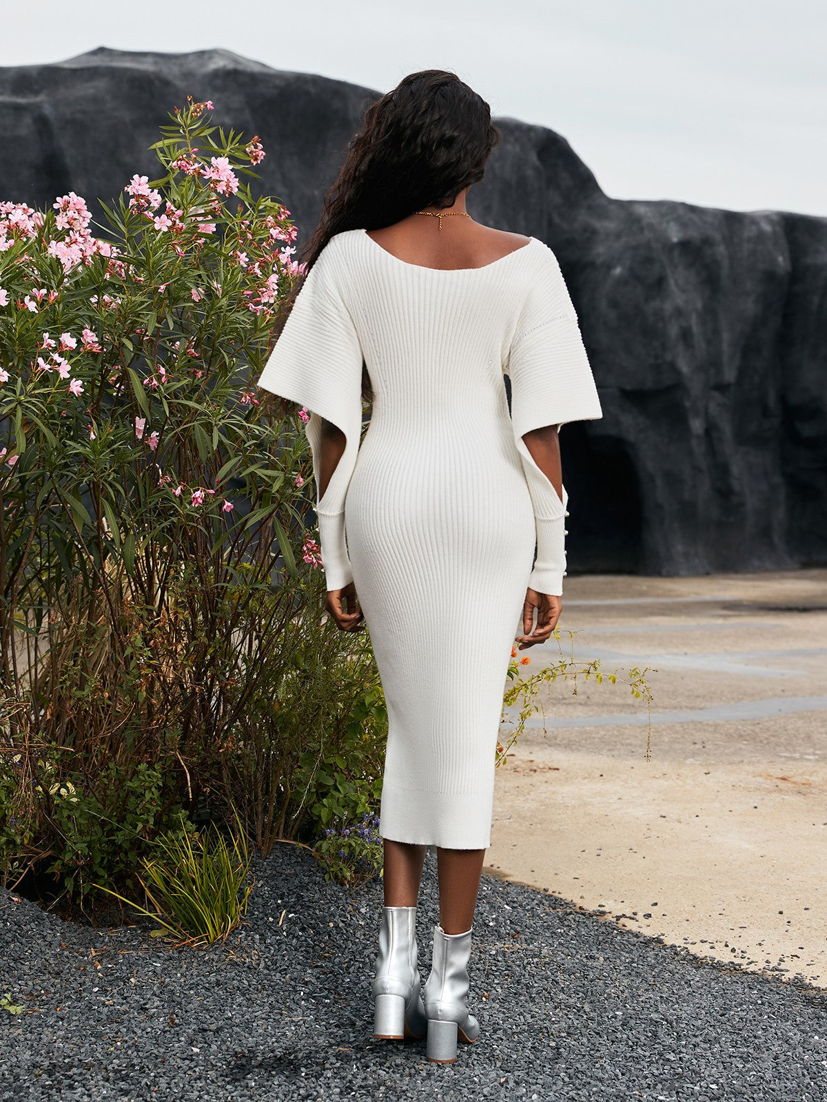 V Neck Hollow Knitted Dress In White REBECATHELABEL