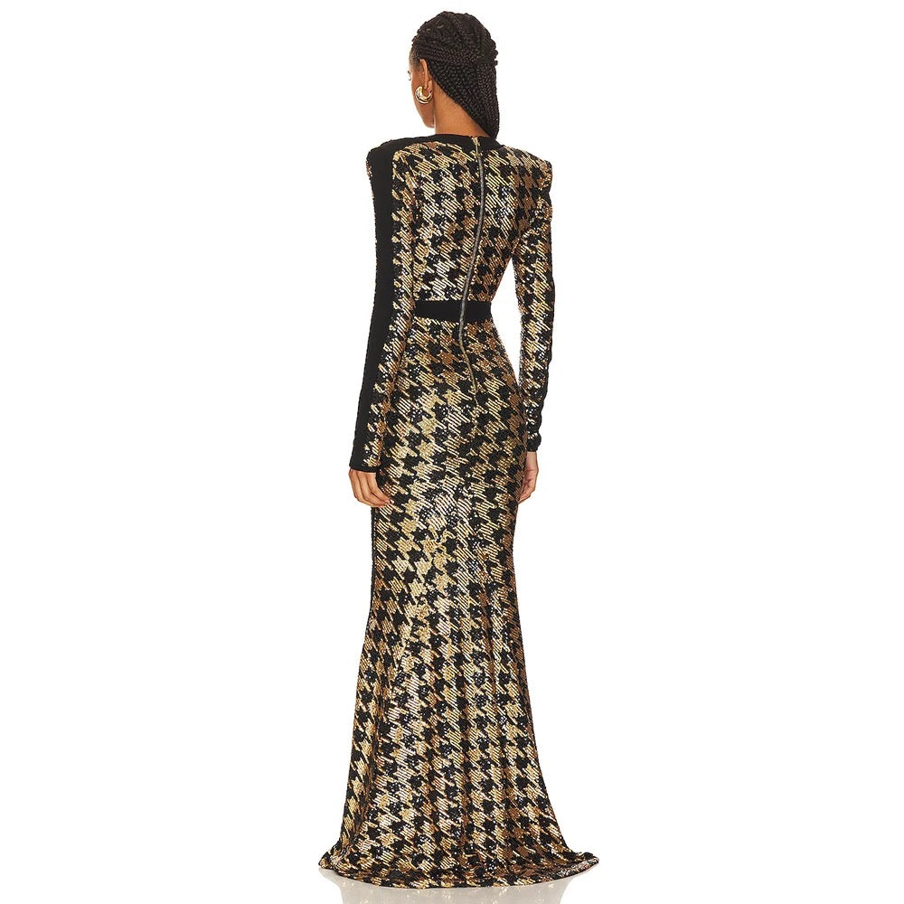 V-Neck Long Sleeved Sequined Bird Check Tight Fitting Long Dress REBECATHELABEL