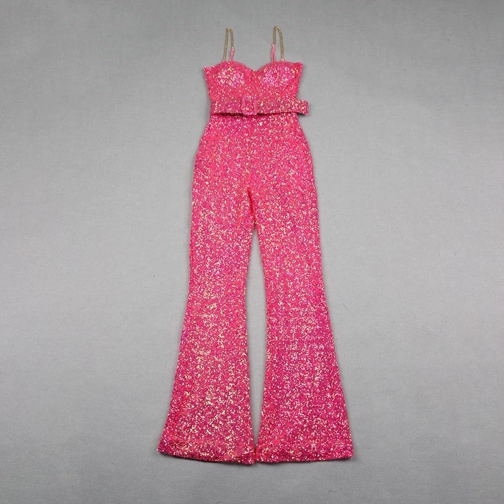 V-Neck Open Back Chain Belt Tight Pink Long Jumpsuit REBECATHELABEL