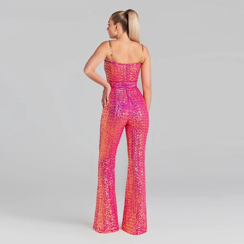 V-Neck Open Back Chain Belt Tight Pink Long Jumpsuit REBECATHELABEL