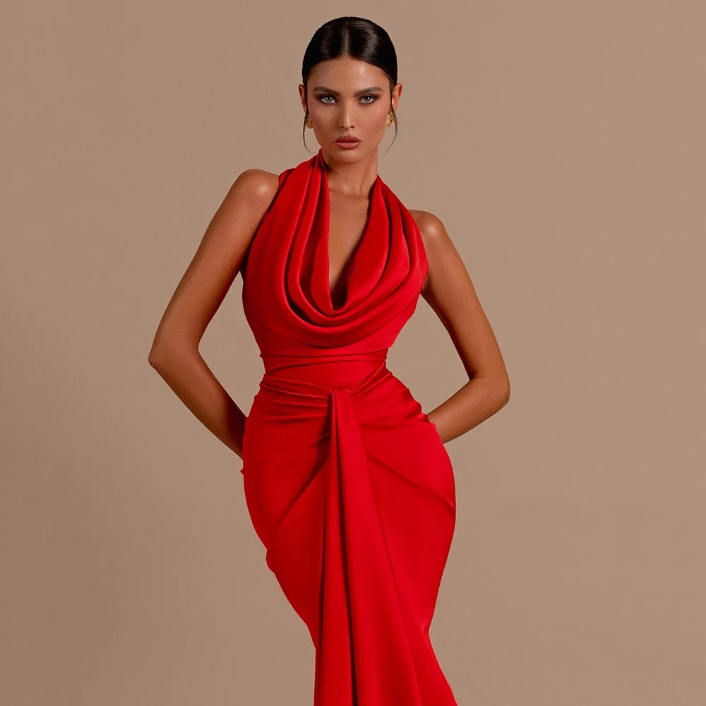 V-neck Hanging Neck Open Back Red Pleated Mermaid Elegant dress REBECATHELABEL