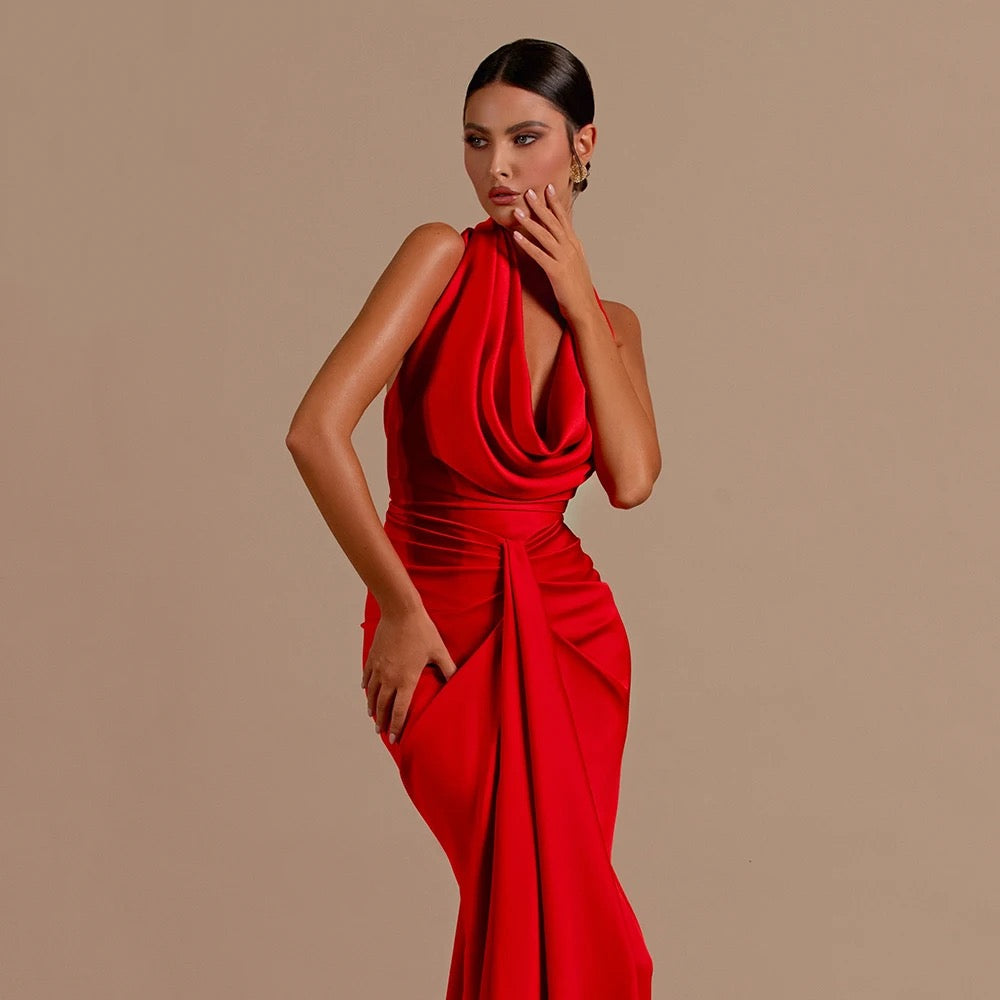 V-neck Hanging Neck Open Back Red Pleated Mermaid Elegant dress REBECATHELABEL