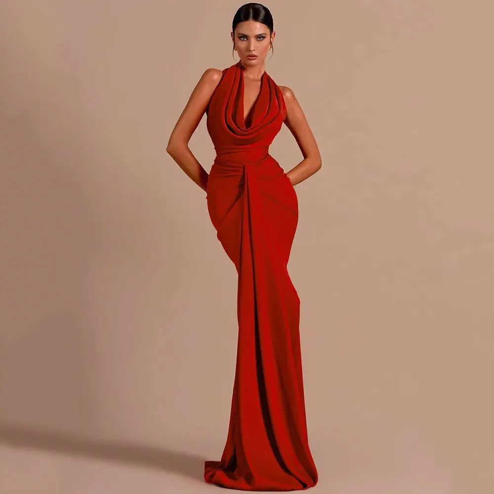 V-neck Hanging Neck Open Back Red Pleated Mermaid Elegant dress REBECATHELABEL