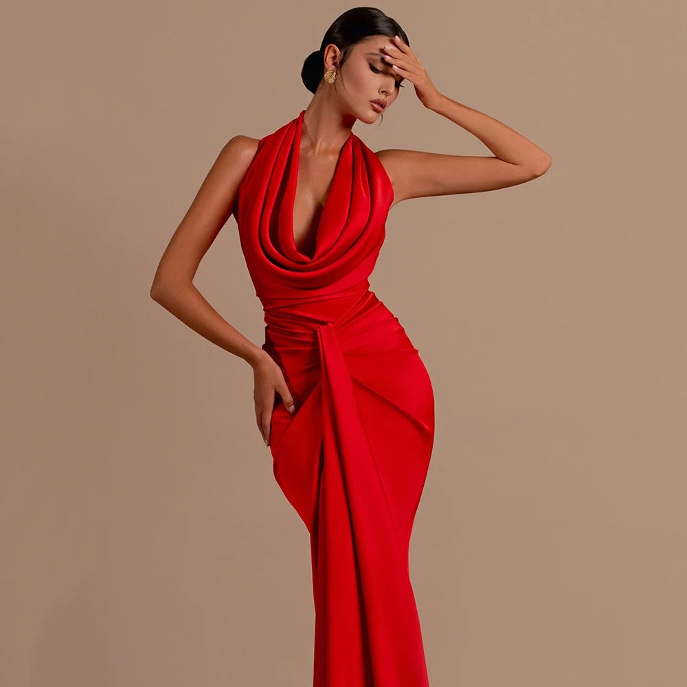 V-neck Hanging Neck Open Back Red Pleated Mermaid Elegant dress REBECATHELABEL