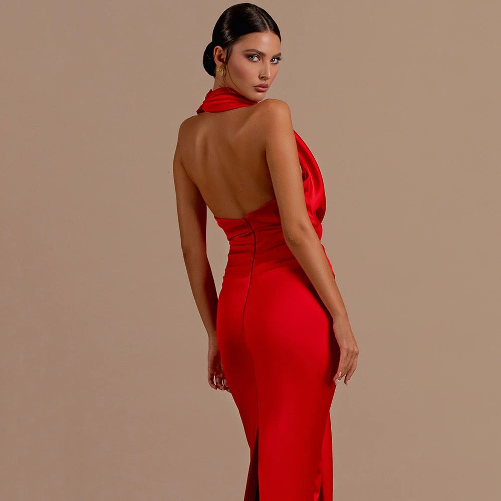 V-neck Hanging Neck Open Back Red Pleated Mermaid Elegant dress REBECATHELABEL