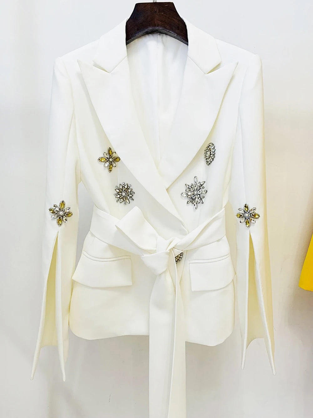 V-neck Long Sleeve Crystal Diamond Belt White blazer REBECATHELABEL