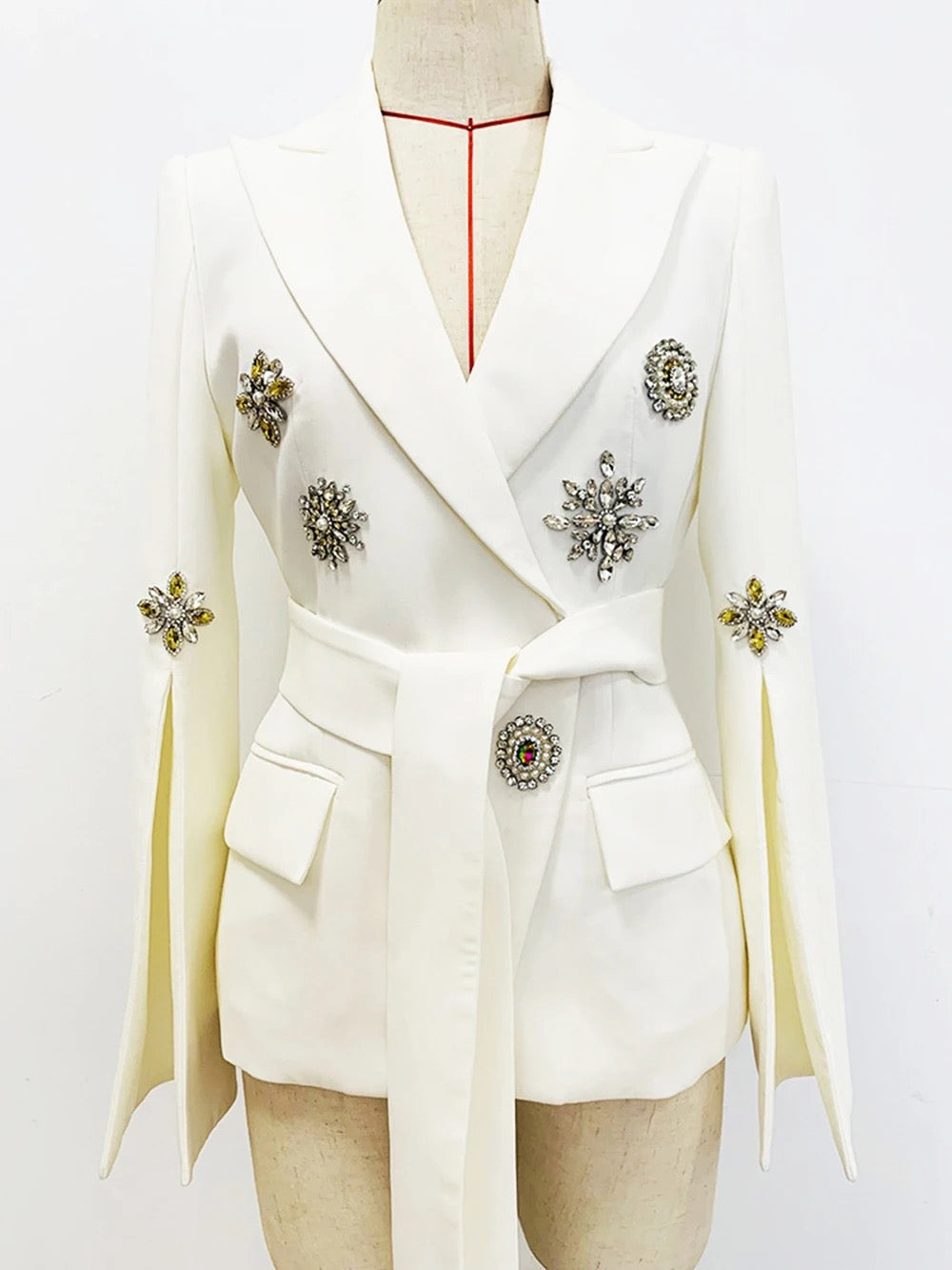 V-neck Long Sleeve Crystal Diamond Belt White blazer REBECATHELABEL