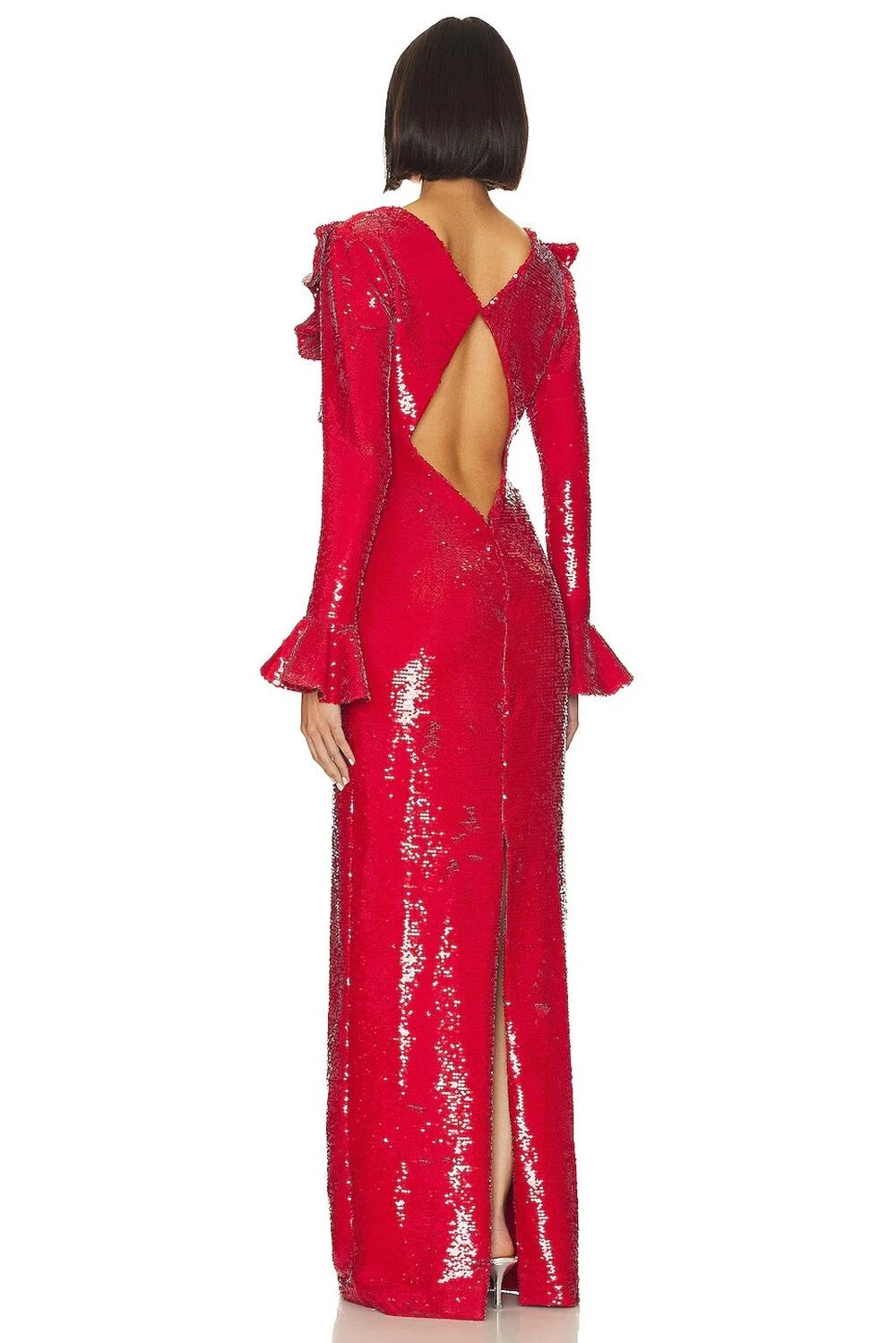 V-neck Long sleeved Ruffle Edge Sequin Open Back Long Dress REBECATHELABEL