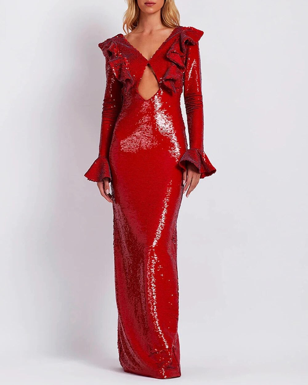 V-neck Long sleeved Ruffle Edge Sequin Open Back Long Dress REBECATHELABEL