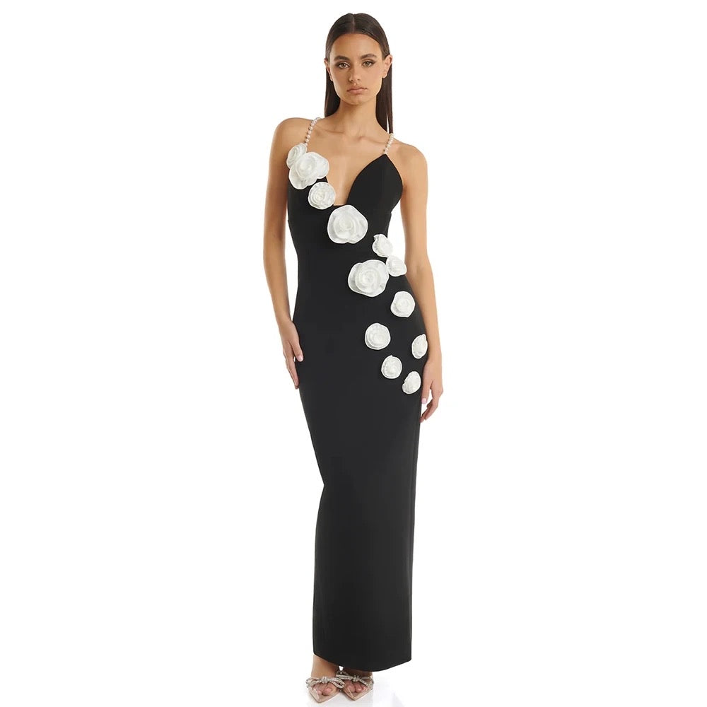 V-neck Off Shoulder Sleeveless 3D Flower Midi Long Bandage Dress REBECATHELABEL