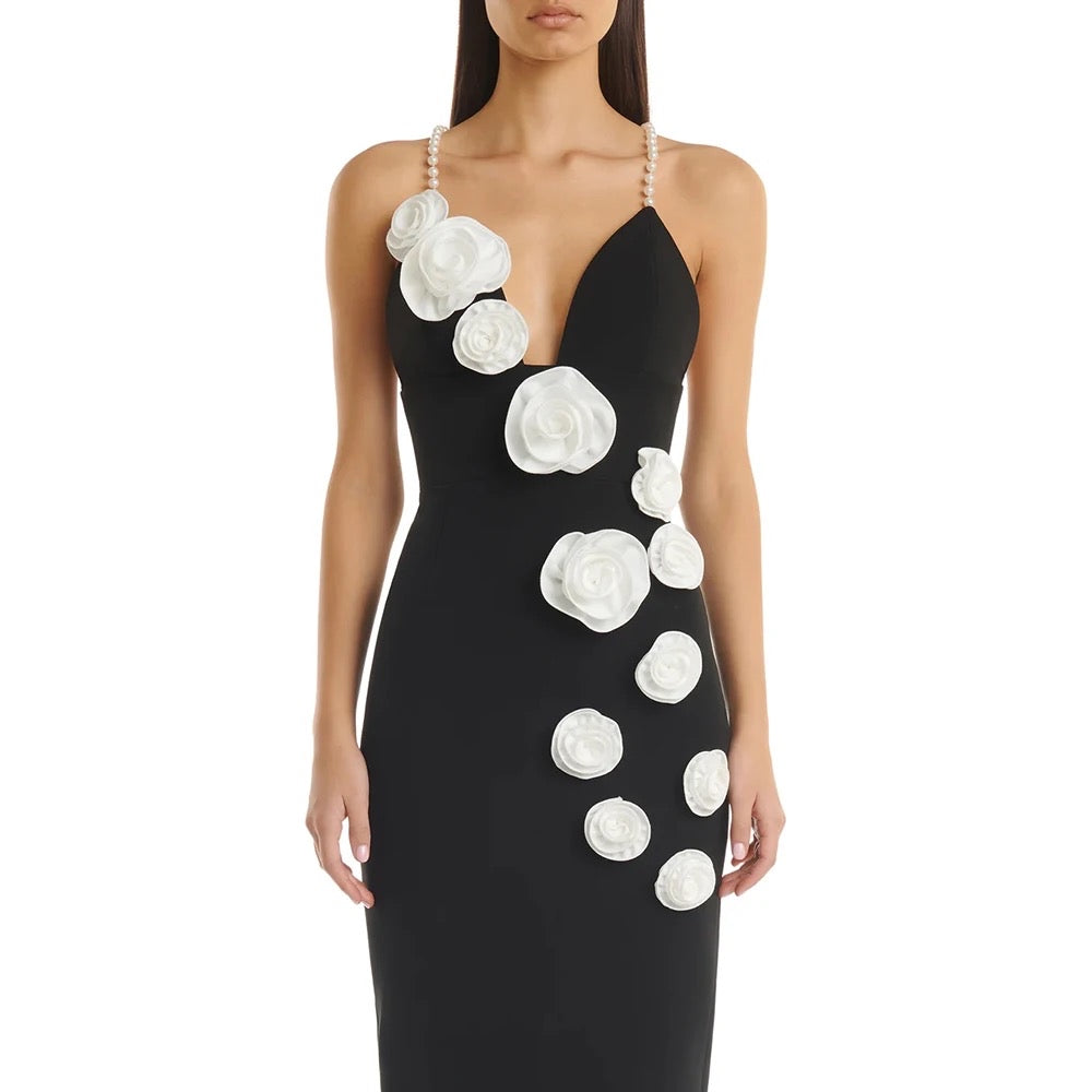 V-neck Off Shoulder Sleeveless 3D Flower Midi Long Bandage Dress REBECATHELABEL