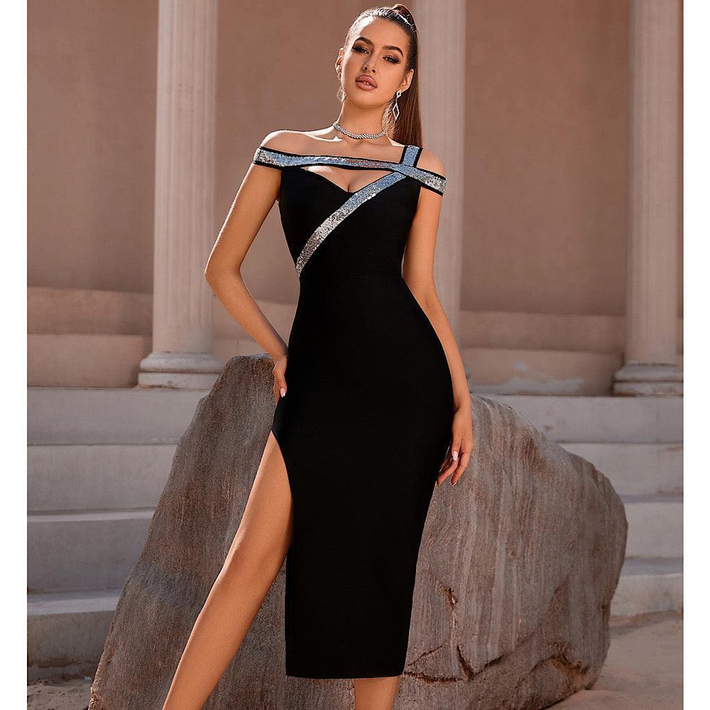 V neck Patchwork Strapless dress REBECATHELABEL