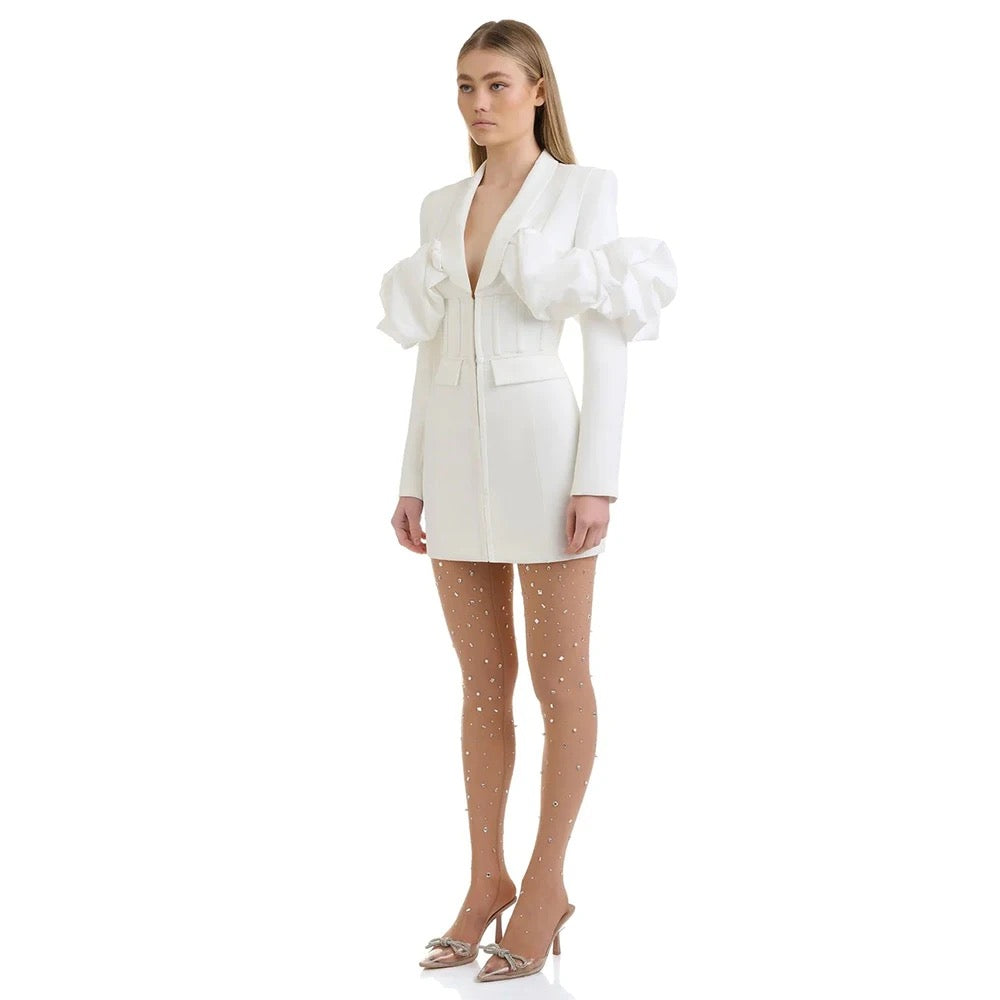 V-neck Phalaenopsis Bubble Sleeves Ruffled Edge Waist Tie Suit Mini Dress REBECATHELABEL