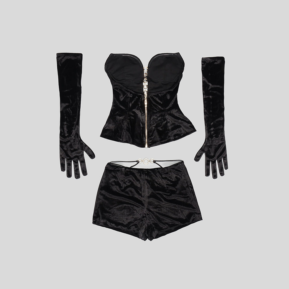 V-neck Short Set 2-piece Gloved Velvet set REBECATHELABEL