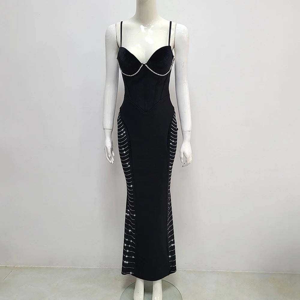 V-neck Sleeveless Diamond Chain Tight Long Bandage Dress REBECATHELABEL