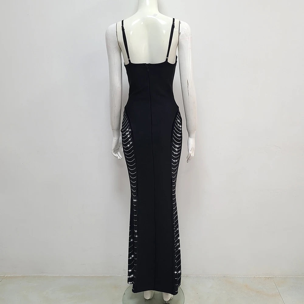 V-neck Sleeveless Diamond Chain Tight Long Bandage Dress REBECATHELABEL