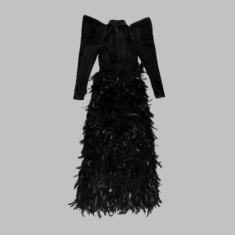 Velvet Black Feather Diamonds Maxi Long Dress REBECATHELABEL