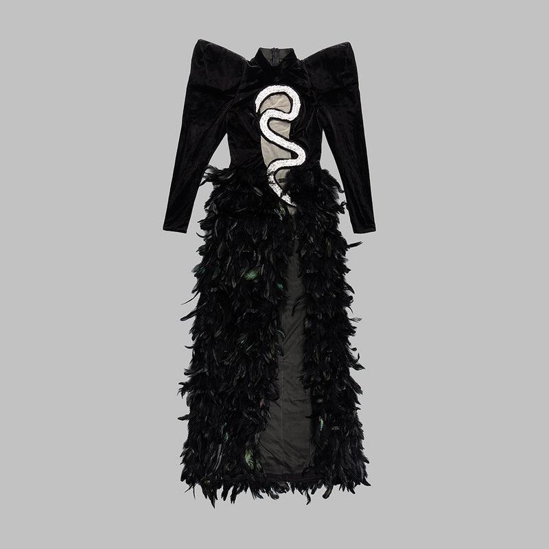 Velvet Black Feather Diamonds Maxi Long Dress REBECATHELABEL