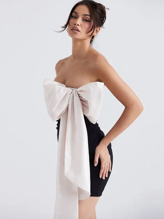 White Black Bowknot Sexy Strapless dress REBECATHELABEL