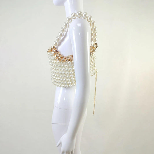 White Pearl Camisole Top with Gold Chain Detailing REBECATHELABEL