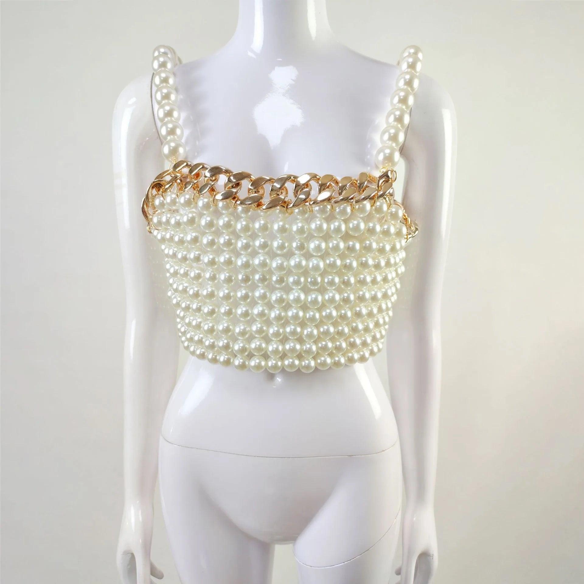 White Pearl Camisole Top with Gold Chain Detailing REBECATHELABEL