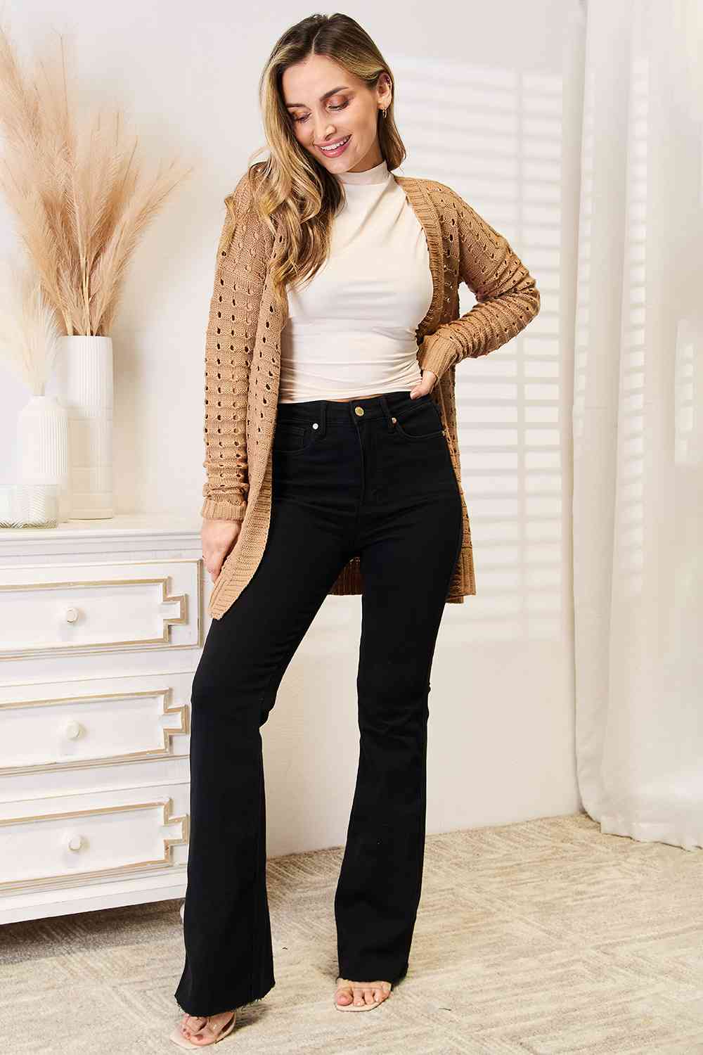 Woven Right Openwork Horizontal Ribbing Open Front Cardigan REBECATHELABEL