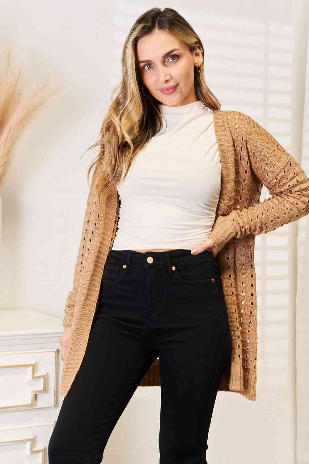 Woven Right Openwork Horizontal Ribbing Open Front Cardigan REBECATHELABEL