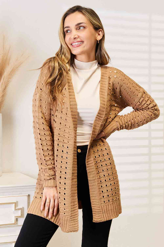 Woven Right Openwork Horizontal Ribbing Open Front Cardigan REBECATHELABEL