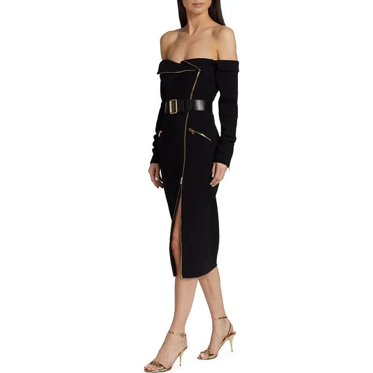 Zipper Belt Off Shoulder Midi Slim Fit Cocktail Dress REBECATHELABEL